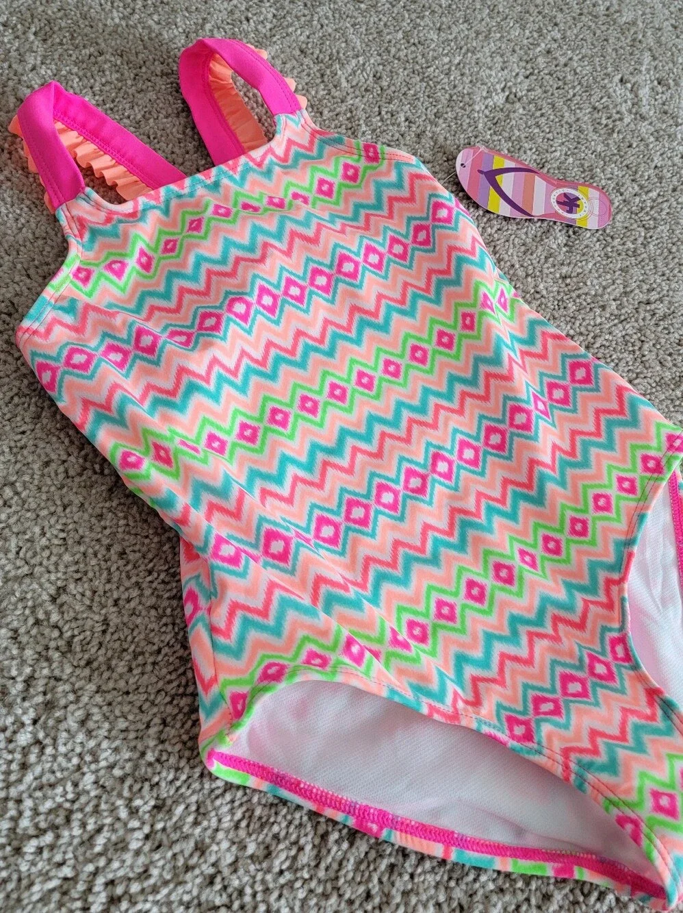J. Khaki Girls NWT Neon Chevron Ruffle Back Bow One Piece Swimsuit